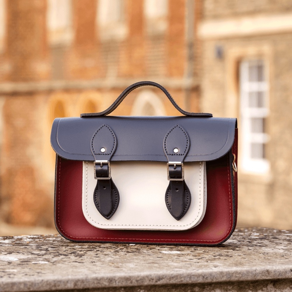 NWOT Cambridge Satchel England The 11 Inch Batchel Bag Clay, Oxblood & Navy